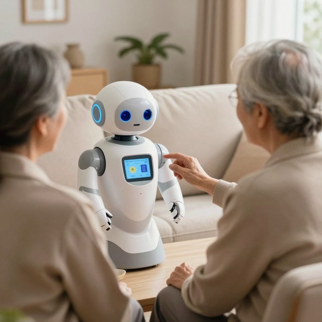 Robô assistente interagindo com pessoa idosa em ambiente doméstico