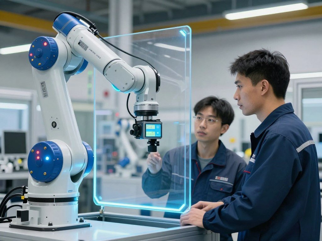 Robô colaborativo trabalhando com segurança ao lado de operador humano