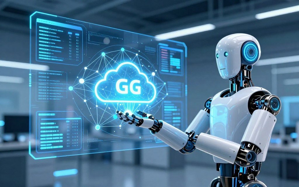 Robô conectado a rede 5G com visualização de transmissão de dados em nuvem