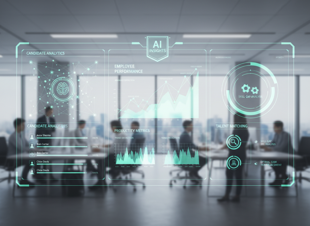Sistema de RH com IA analisando perfis de candidatos e padrões de desempenho