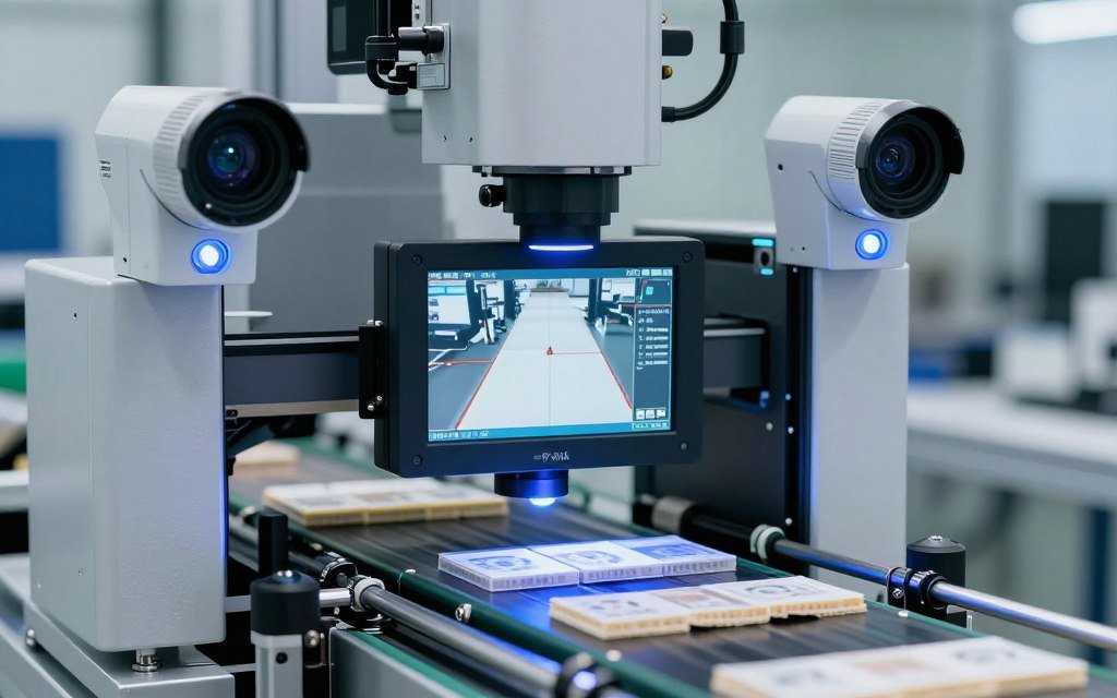 Sistema de inspeção visual com IA verificando produtos em linha de produção