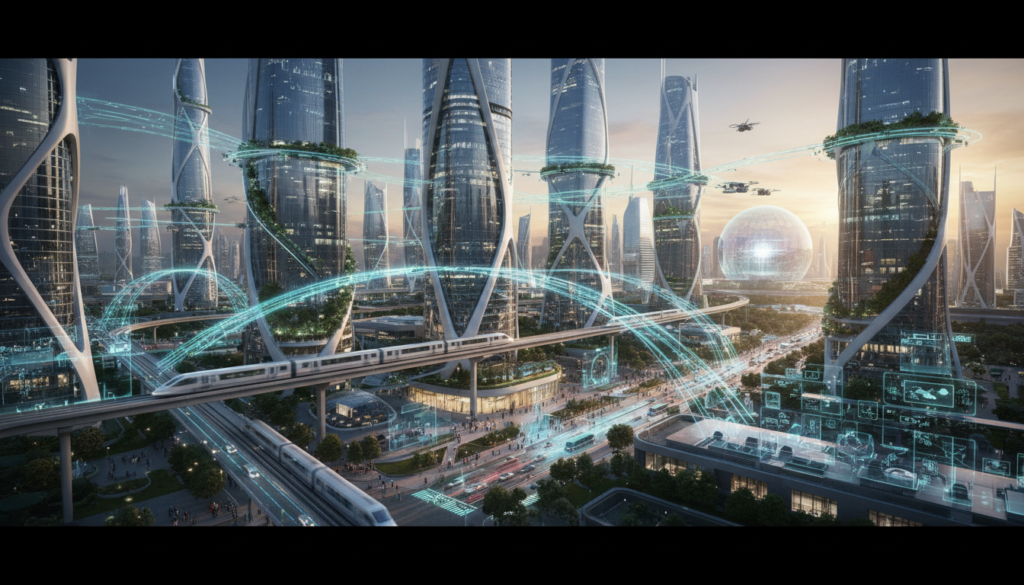 Visão futurista de cidade inteligente com IA ubíqua integrada em toda infraestrutura