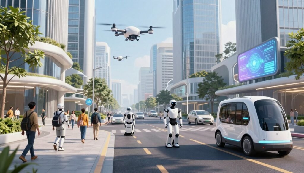 Visão futurista de cidade inteligente com robôs integrados na sociedade