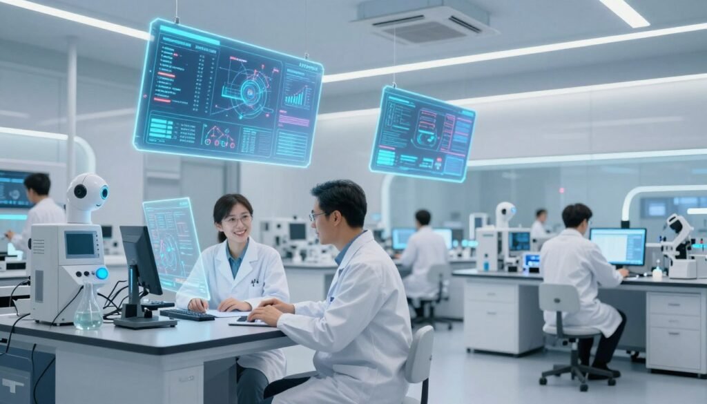 Visão futurista de laboratórios integrados com inteligência artificial avançada