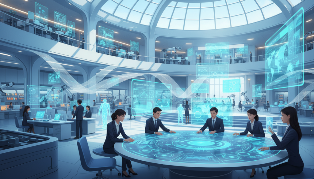 Visão futurista do ambiente de trabalho com humanos e agentes de IA colaborando