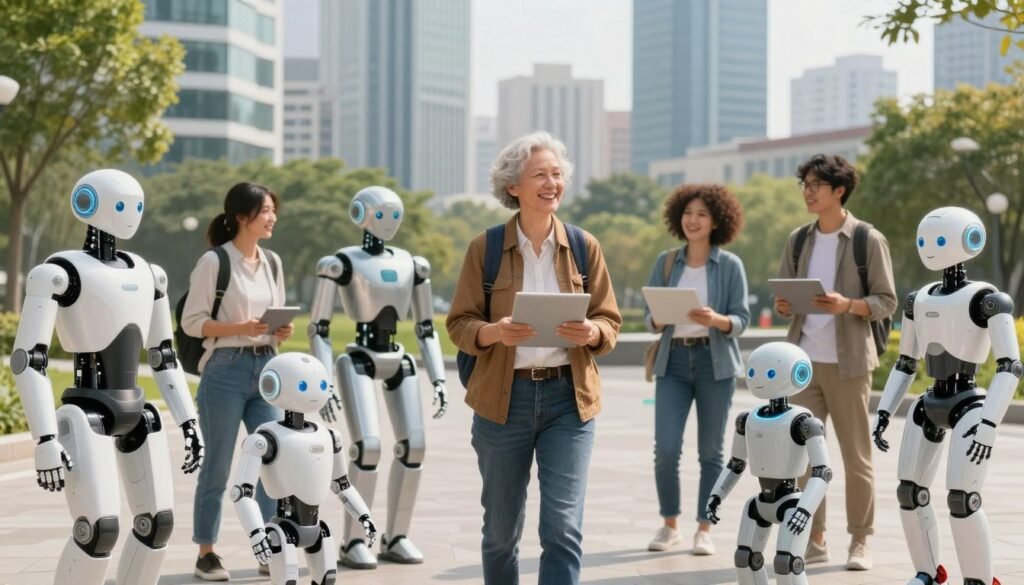 Visão inspiradora do futuro da IA Física e Robótica mostrando harmonia entre humanos e robôs