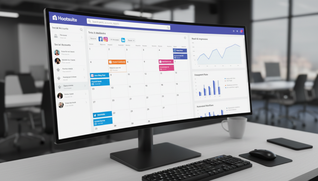 dashboard Hootsuite gerenciando múltiplas redes sociais