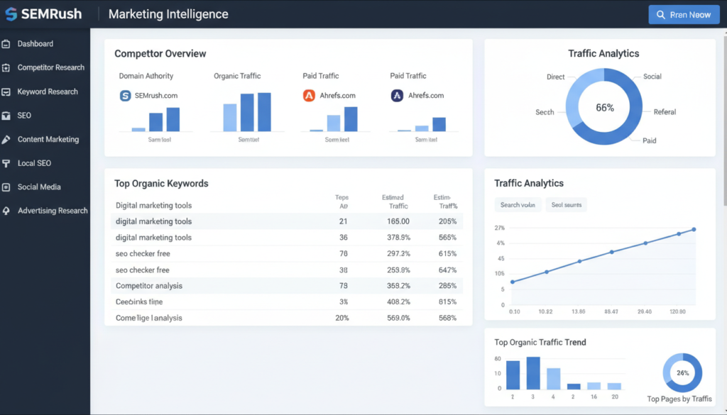 dashboard SEMrush mostrando análise de concorrentes