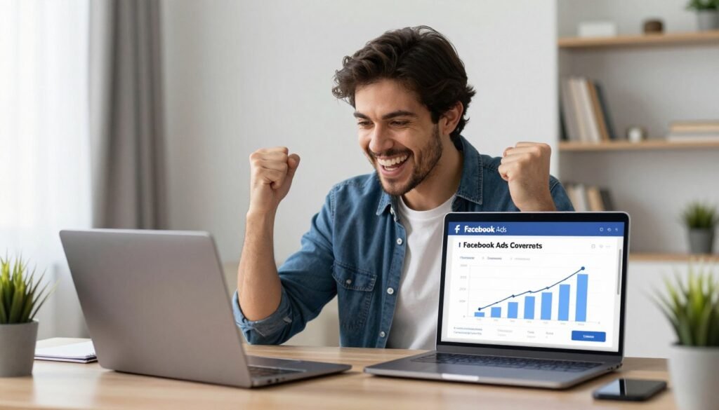 Afiliado brasileiro celebrando sucesso com campanhas de Facebook Ads otimizadas