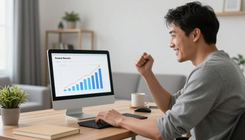 Afiliado confiante analisando resultados positivos de campanhas testadas