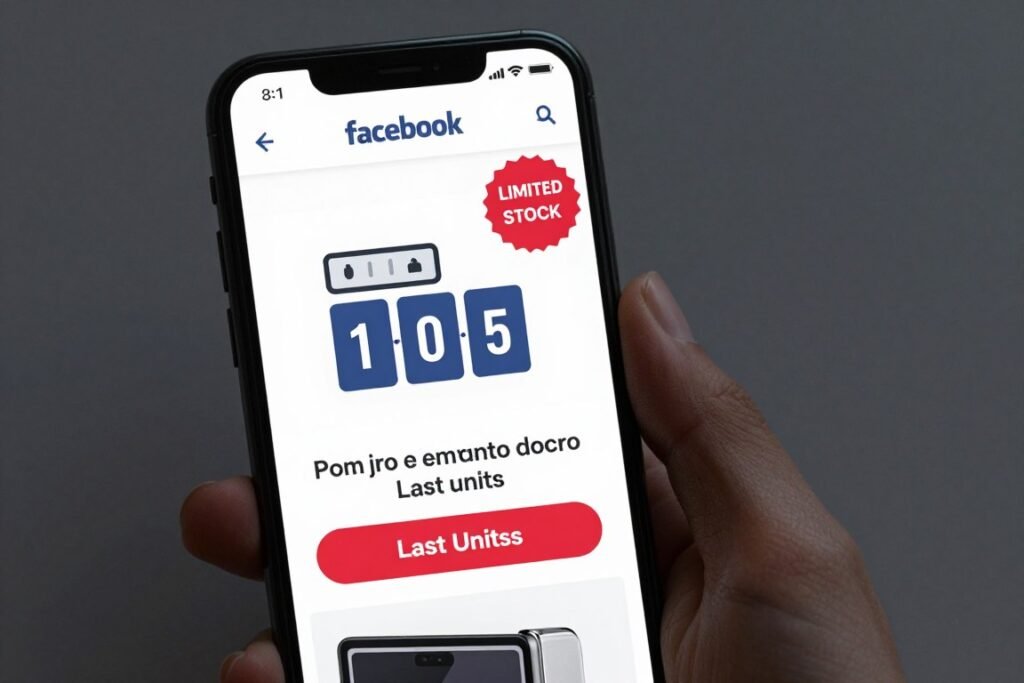 Anúncio de Facebook mostrando urgência com contador regressivo e mensagem de estoque limitado