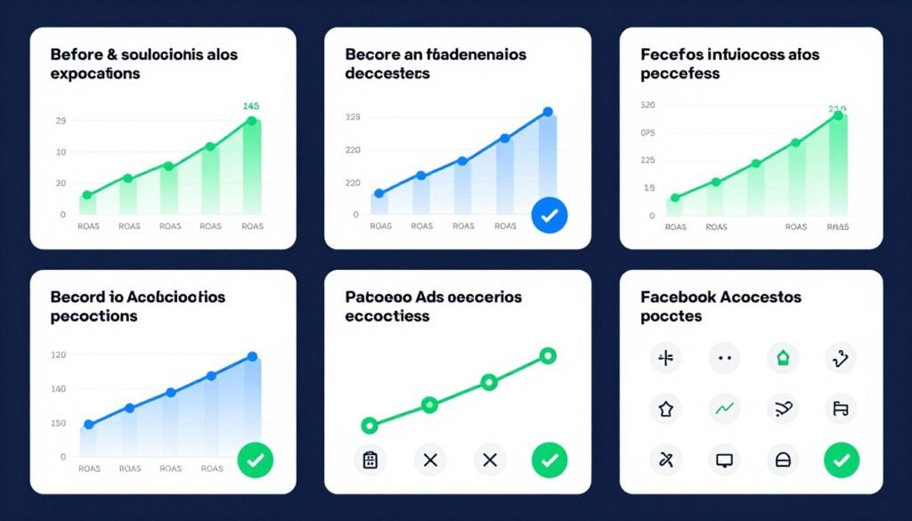 Apresentação visual de múltiplos estudos de caso de scaling Facebook Ads bem-sucedidos