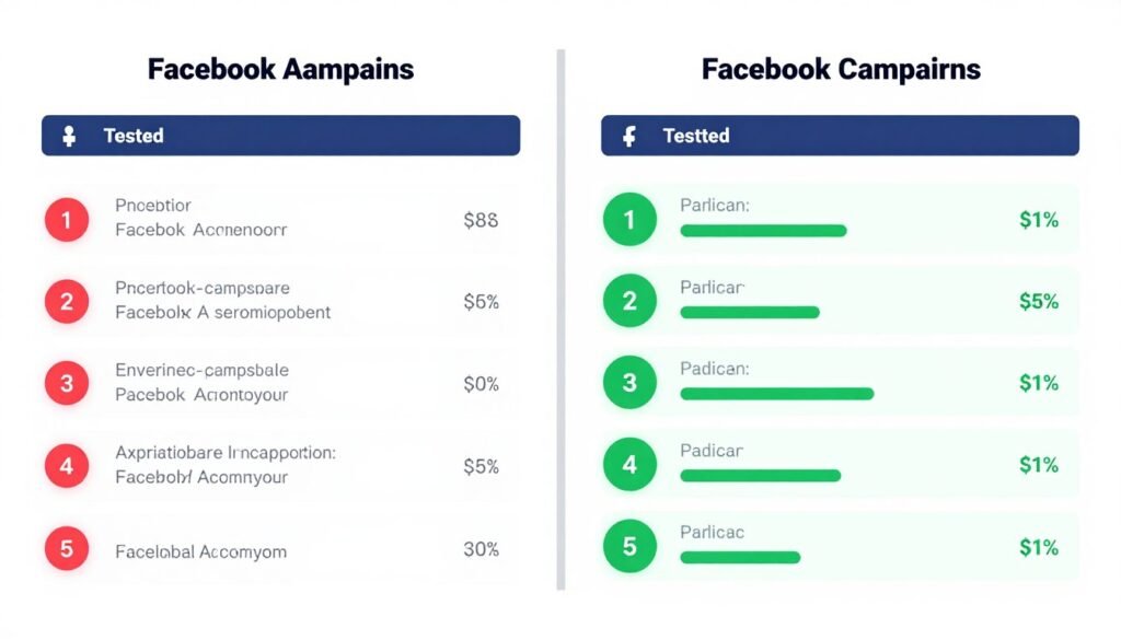Comparação visual de anúncios testados versus não testados mostrando diferenças de resultados