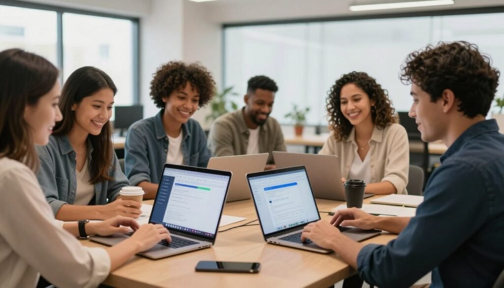 Comunidade de afiliados brasileiros trabalhando juntos representando pertencimento
