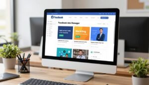 Criativos para Facebook Ads que convertem para afiliados sendo desenvolvidos em computador