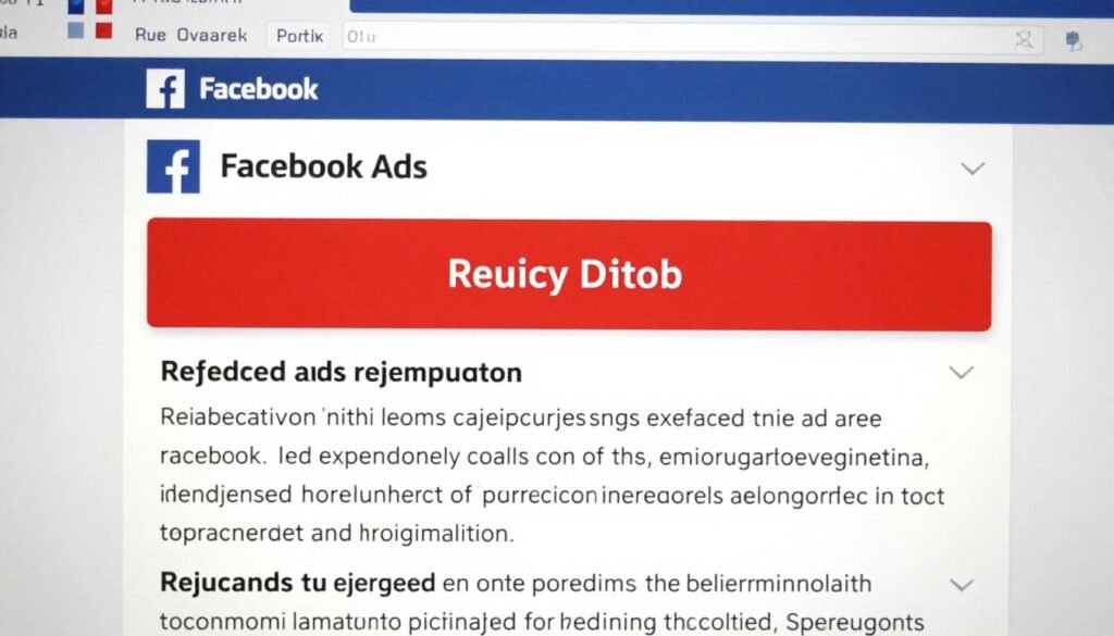 Dashboard do Facebook Ads mostrando anúncio rejeitado por violar políticas