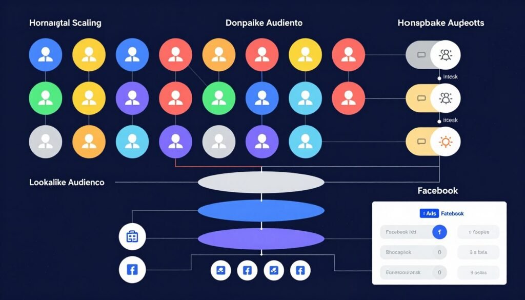 Diagrama de scaling horizontal mostrando múltiplas campanhas e audiences para afiliados Facebook Ads