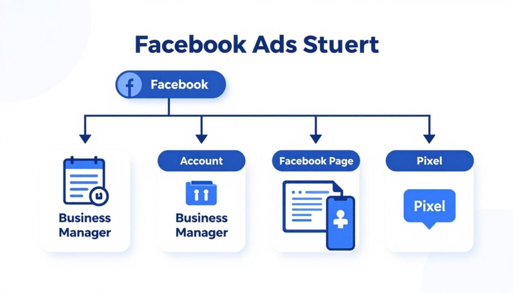 Estrutura básica completa de Facebook Ads mostrando conta, Business Manager, página e pixel