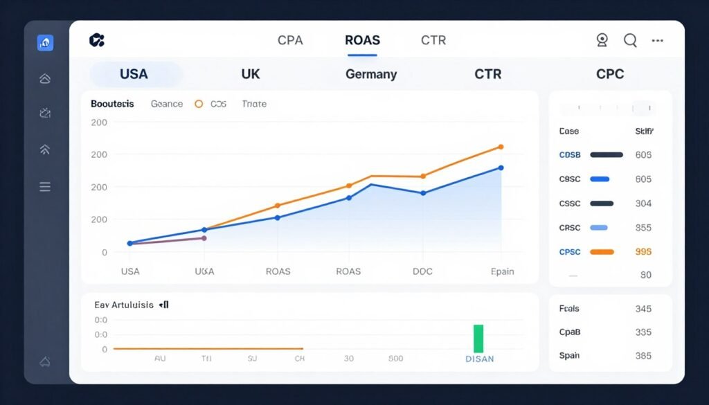 Facebook Ads performance dashboard comparing metrics across international markets