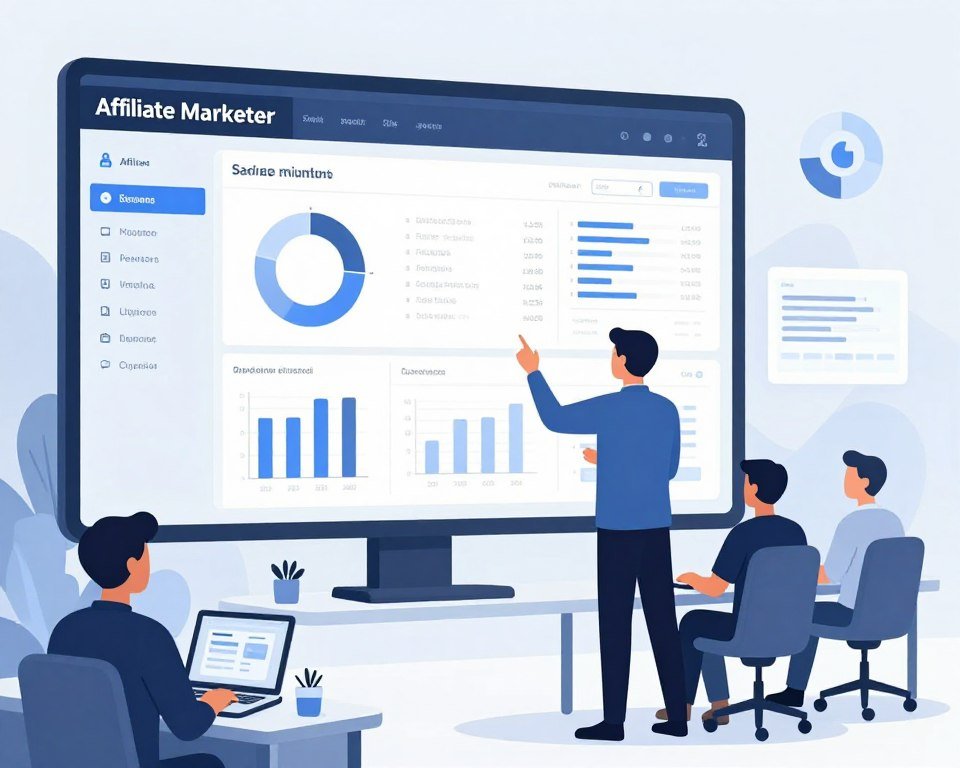 Ilustração de afiliado avançado com operação escalada de múltiplas campanhas
