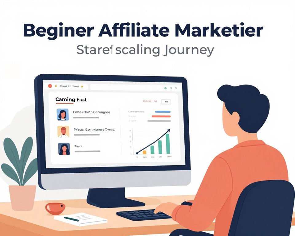 Ilustração representando afiliado iniciante começando jornada de scaling