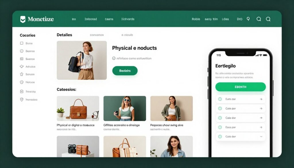 Interface da Monetizze mostrando produtos físicos e digitais