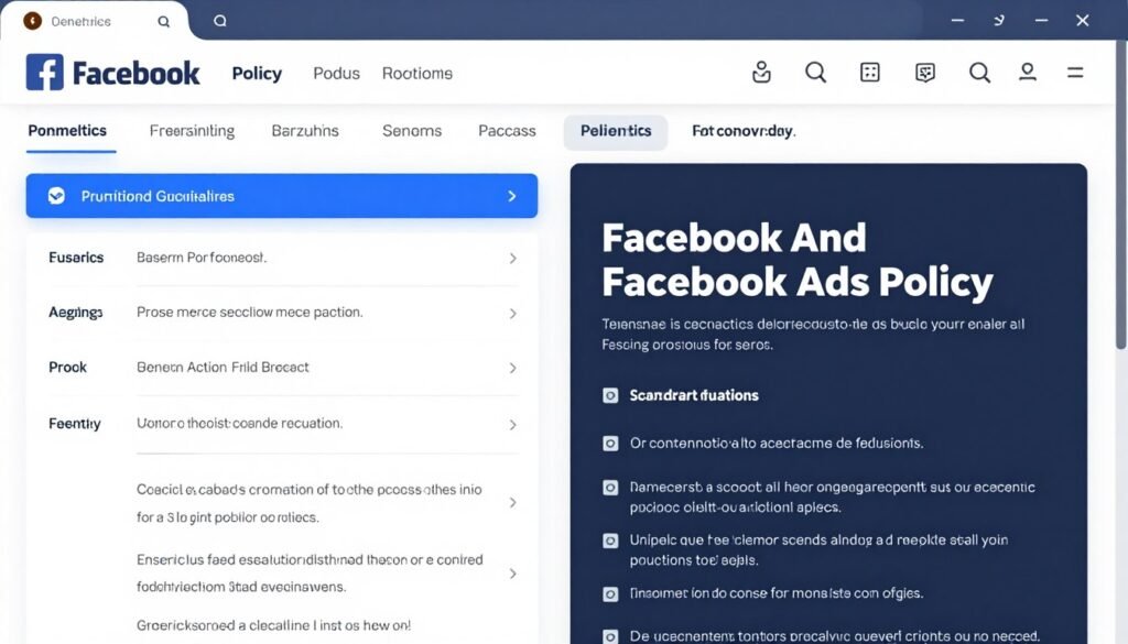 Interface do Facebook Ads mostrando políticas de publicidade e diretrizes de anúncios