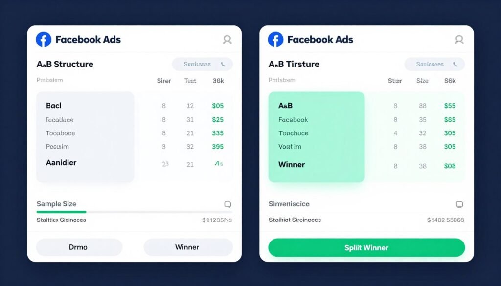 Interface mostrando estrutura de teste A/B em campanhas Facebook Ads para afiliados