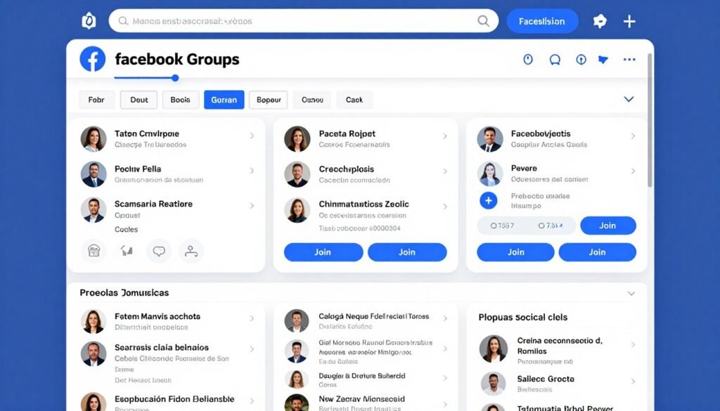 Interface mostrando grupos do Facebook relacionados a nichos de afiliados