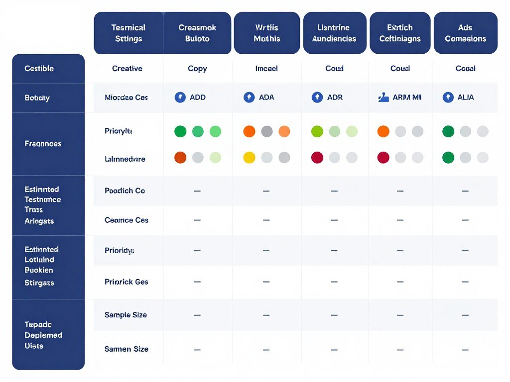 Matriz de elementos testáveis em campanhas Facebook Ads organizados por categoria e impacto