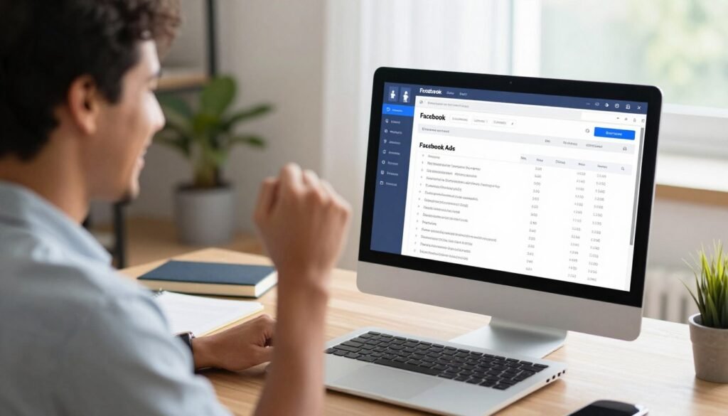 Pessoa celebrando sucesso com Facebook Ads para afiliados em home office