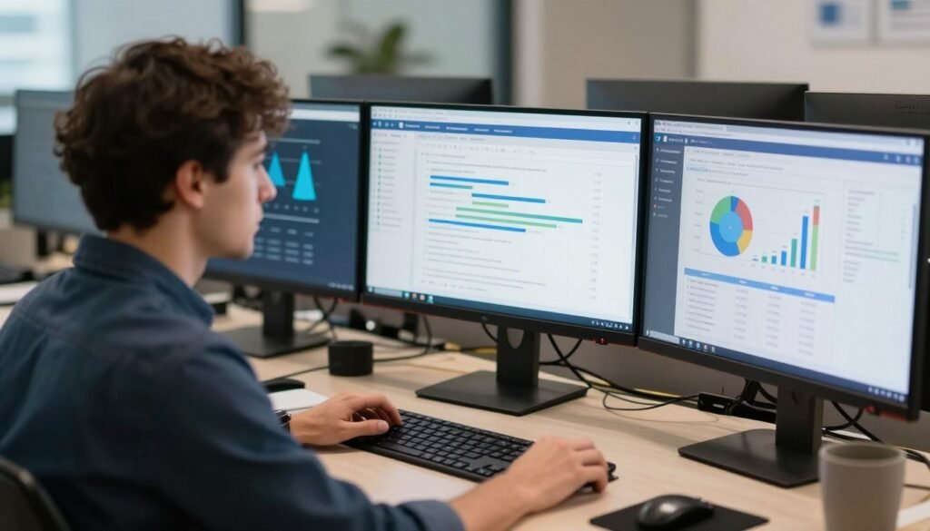 Profissional analisando dados de campanhas Facebook Ads em múltiplas telas