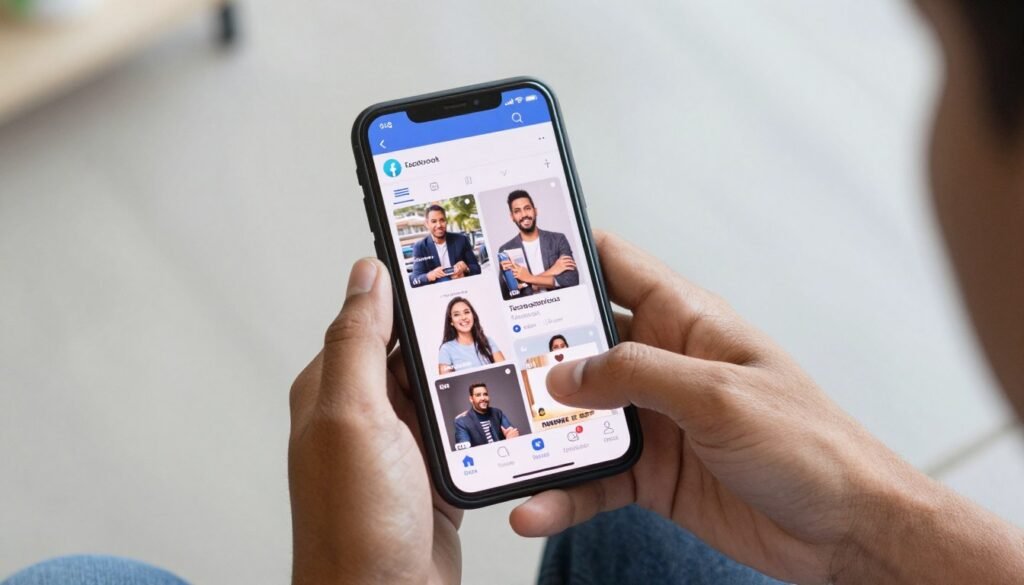 Usuário brasileiro navegando no Facebook em smartphone mostrando feed de notícias