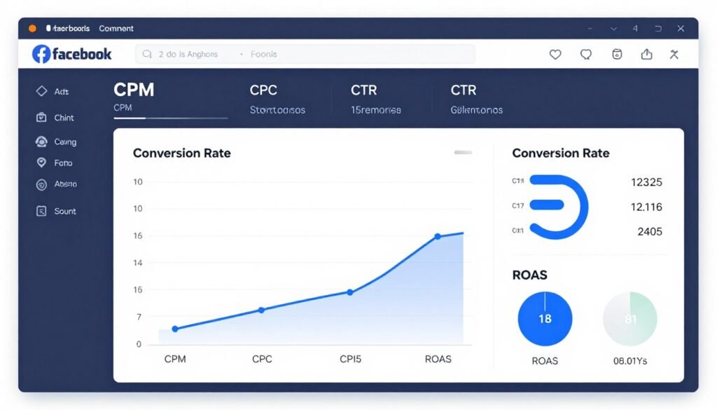 dashboard de métricas do Facebook Ads mostrando KPIs importantes