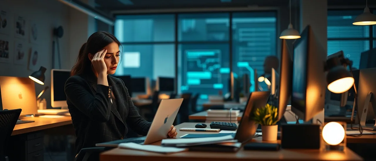 Gestora de marketing esgotada no fim do expediente, esfregando os olhos cansados, com notebook fechado à frente, em escritório quase vazio à noite.