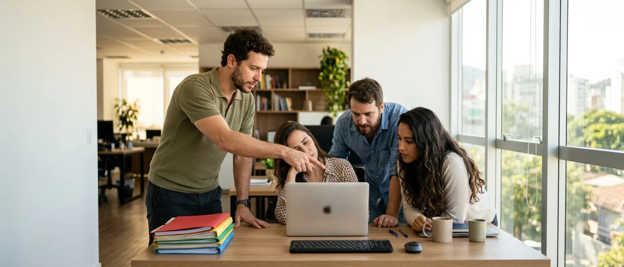 Líder de equipe e colegas reunidos ao redor de uma mesa com notebook desfocado e pilhas separadas de pastas coloridas por cliente.