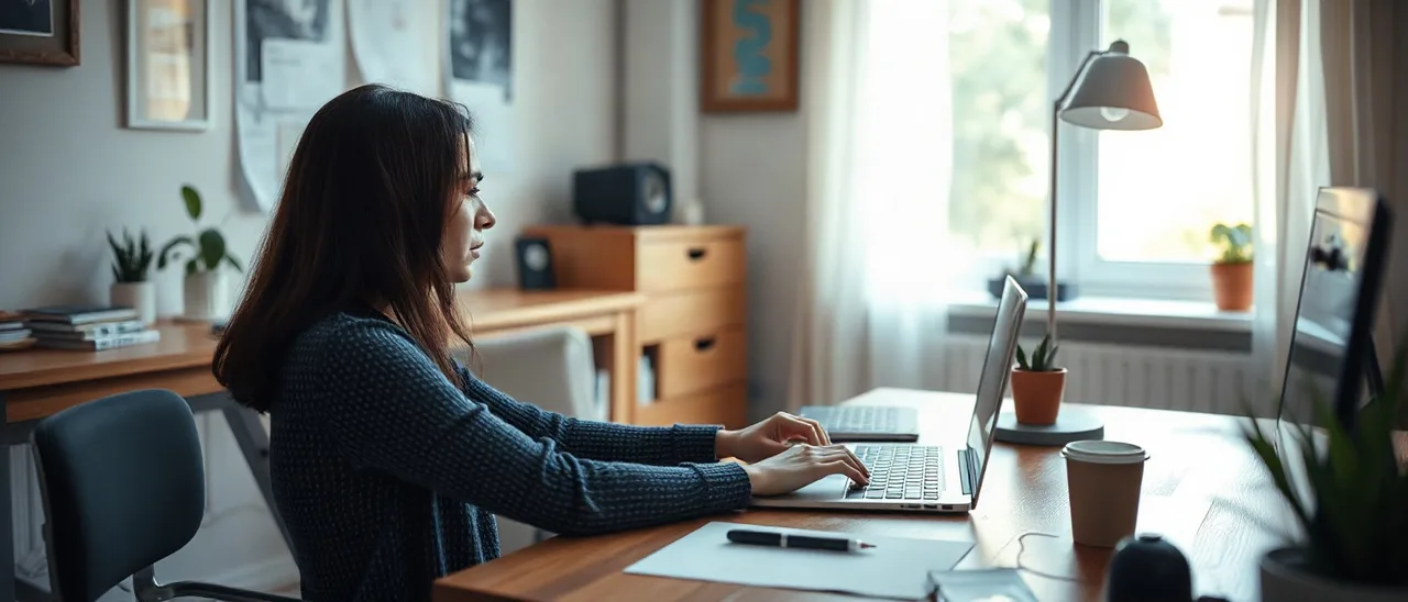 Mulher em home office digita no notebook, com a tela de costas, e sorri ao perceber um erro de digitação enquanto escreve.