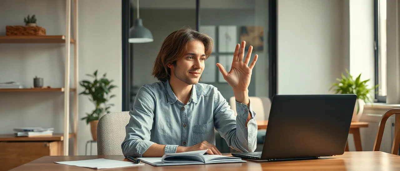 Mulher em um escritório, sentada à mesa, ergue a mão em gesto de "parar" diante de um monitor de computador visto de costas, enquanto segura um rascunho impresso de conteúdo, com expressão concentrada.