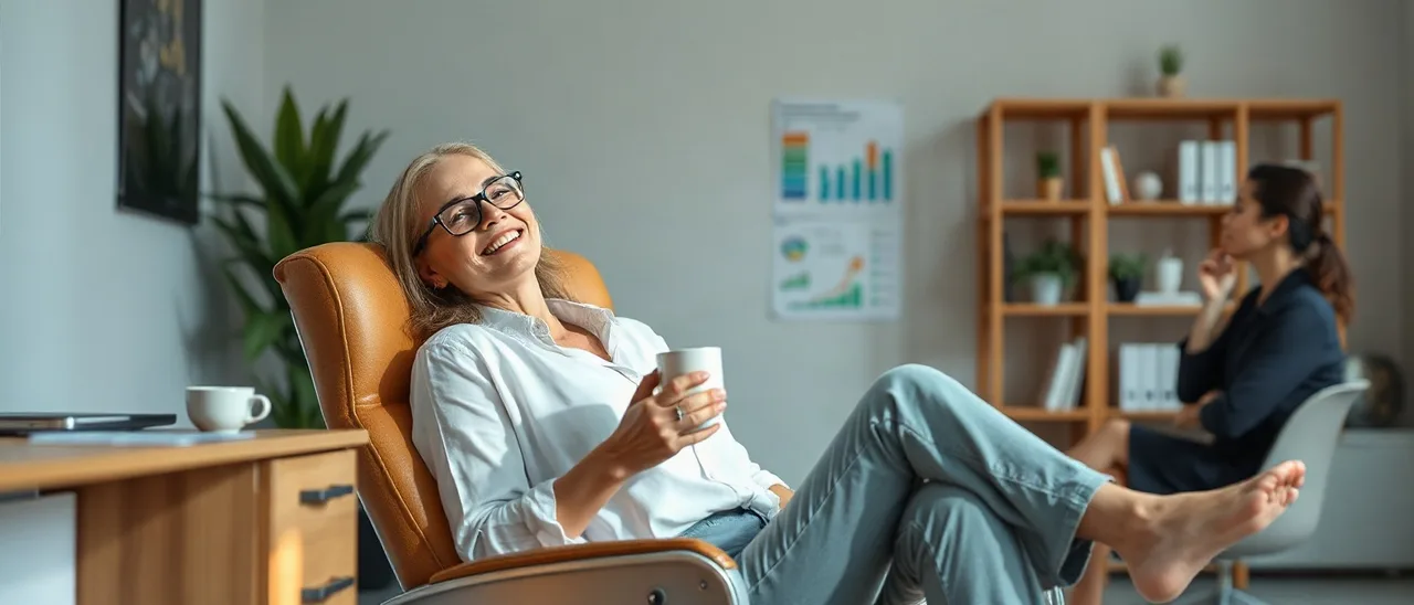 Mulher sorridente e tranquila recostada numa cadeira de escritório, segurando uma caneca de café; ao lado, um monitor aparece de costas para a câmera, e um microscópio e plantas remetem à área de saúde e biotecnologia.