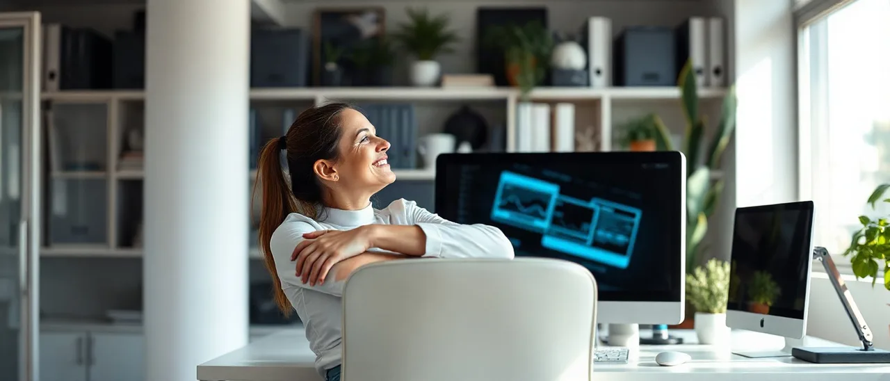 Gestora de marketing recostada na cadeira, sorrindo, observa o monitor de costas para a câmera enquanto colega aponta para a tela.