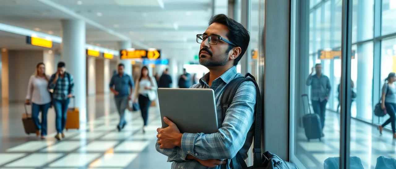 Homem com laptop fechado no peito encostado na parede de um aeroporto, olhando apreensivo para viajantes com malas que seguem rumo ao portão de embarque.