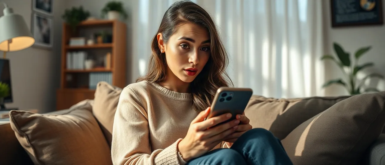 Criadora de conteúdo sentada no sofá rola o feed no celular com expressão surpresa, com laptop fechado na mesa ao fundo.