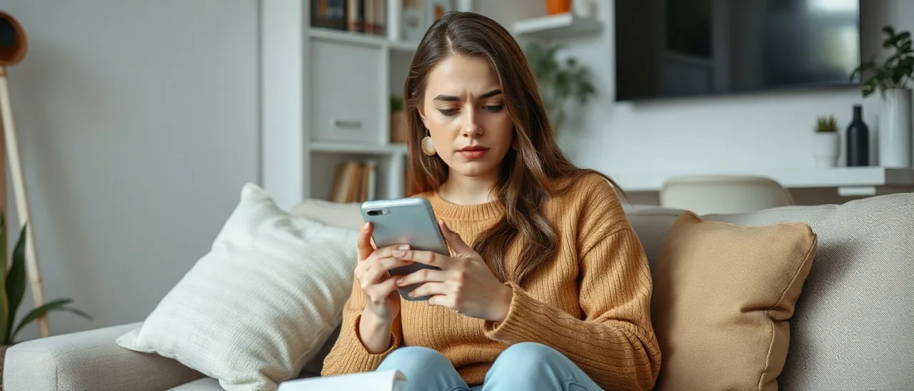 Criadora de conteúdo no sofá desliza o feed no celular com expressão preocupada, notebook de costas ao lado.