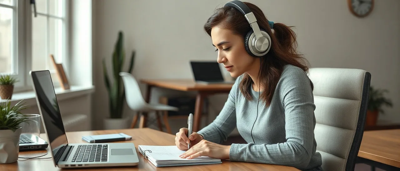 Empreendedora de fones de ouvido escuta com atenção e anota em um caderno, com o notebook de costas para a câmera.