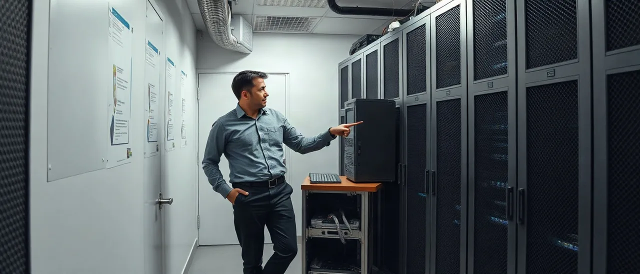Empresário confiante aponta para uma estação de trabalho compacta própria numa sala de servidores local, com racks iluminados ao fundo.