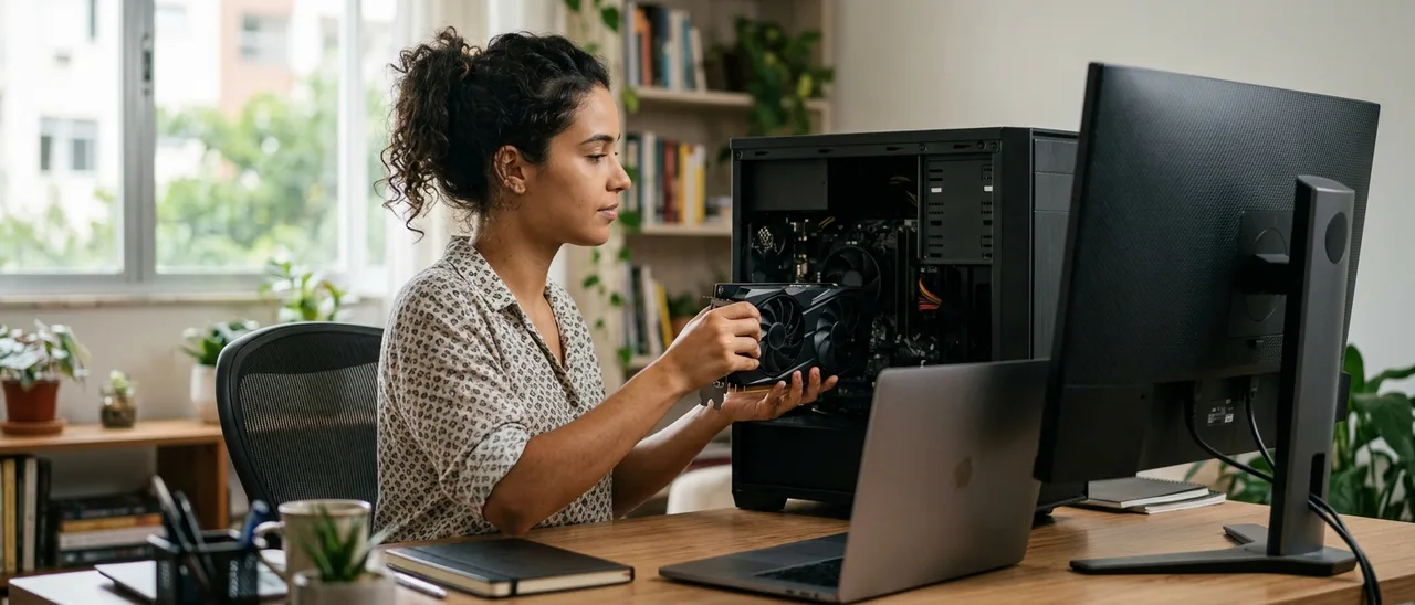 Mulher jovem sentada em home office segura uma placa de vídeo perto de gabinete de PC aberto, com notebook fechado e monitor de costas na mesa