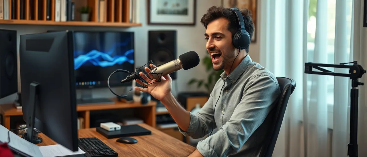 Homem jovem em home studio, com fones de ouvido, falando animado ao microfone de podcast enquanto grava o próprio conteúdo.