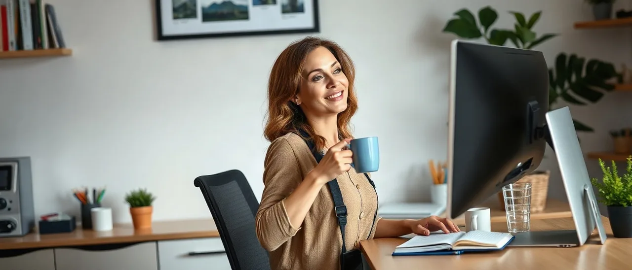 Mulher com xícara de café observa o monitor de costas para a câmera em seu escritório, sorrindo ao ver o trabalho já feito.