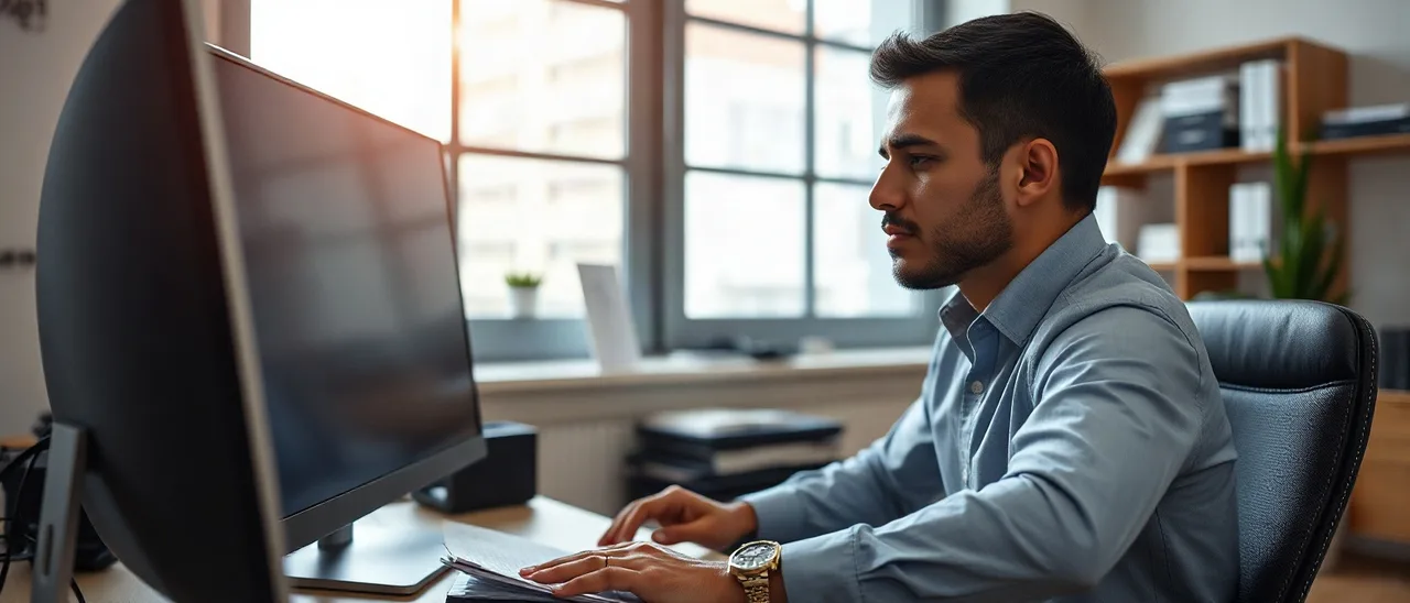 Gestor de marketing digital observa seu monitor de trabalho, com o braço na mesa, expressão apreensiva, em um escritório.