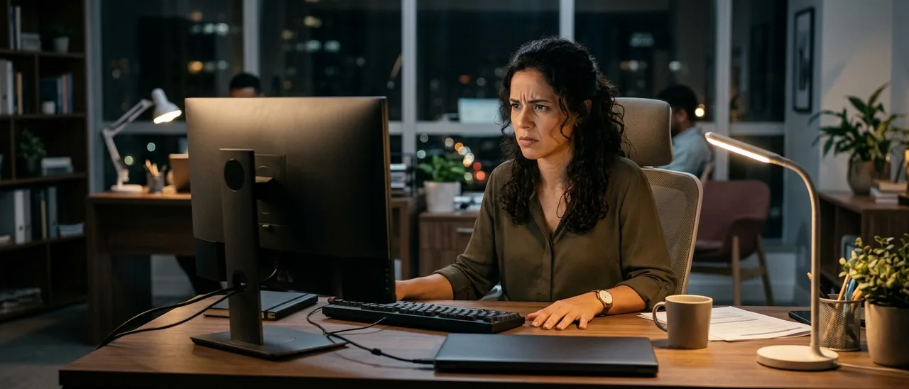 Mulher de expressão preocupada sentada à mesa de escritório à noite, mãos apoiadas perto do teclado, monitor de costas e luminária acesa.